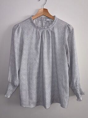 Smocked Cuff Ruffle-Neck Blouse in White with Black Dot Print